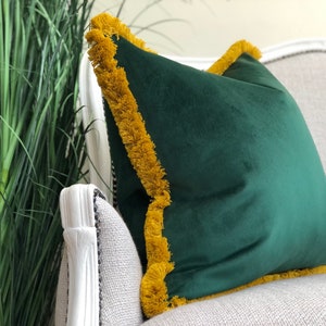 Forest Green velvet Cushion cover with mustard fringe - other fringing colours and sizes available