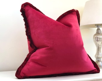 Red Velvet Fringed Cushion Cover: Custom Size + Trim Colour | SHIRAZ