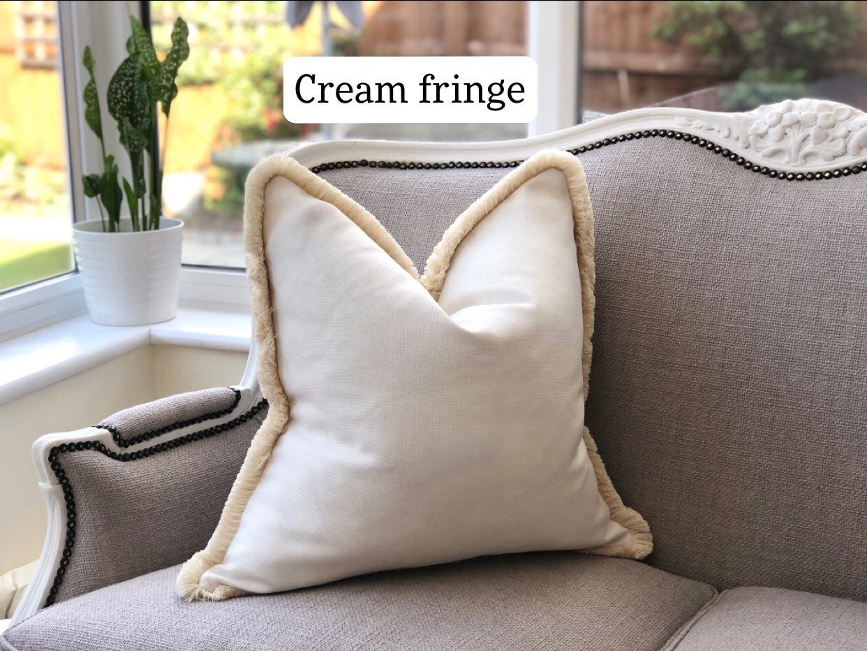 Cream/neutral Linen look cushion cover with taupe fringe. Etsy