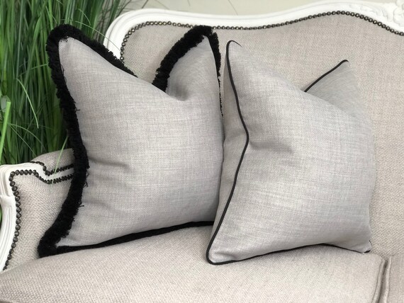 Grey Pillow Cover With Black Fringe piping Trim. Contemporary
