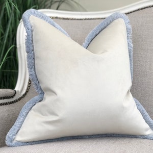 IVORY VELVET | Ivory off white pillow cover with silver blue fringe - velvet cushion cover - boho/luxury/modern
