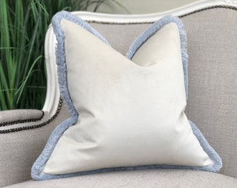 IVORY VELVET | Ivory off white pillow cover with silver blue fringe - velvet cushion cover - boho/luxury/modern