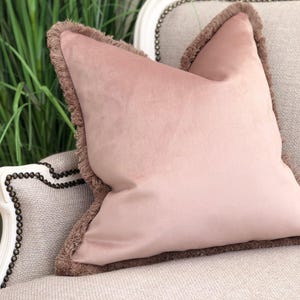 Blush Pink Velvet Fringed Cushion Cover: Custom Size + Trim Colour