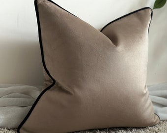 Luxury beige taupe velvet cushion COVER, throw pillows with fringe or piped edge, long lumbar,  Square, rectangle pillows for sofa, bed
