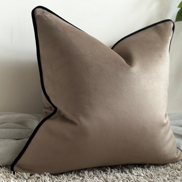 Luxury beige taupe velvet cushion COVER, throw pillows with fringe or piped edge, long lumbar,  Square, rectangle pillows for sofa, bed