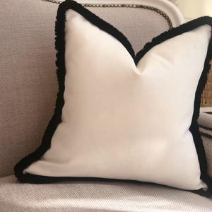 Light Cream Linen Look Cushion Cover with Customisable Black Fringe: All Sizes