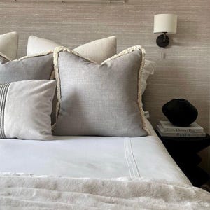 Grey Linen Look Fringed Cushion Cover: Custom Size + Trim Colour | ALBA GREY
