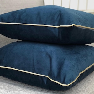 Blue Velvet Cushion Cover with Customisable Metallic Gold Piping | PACIFIC