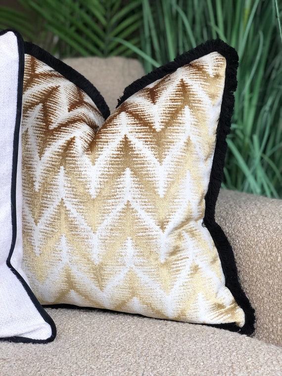 Gold and Cream Luxury Patterned Cushion With Black Fringe Glam Home Decor Fringed or Piped Cushion Etsy