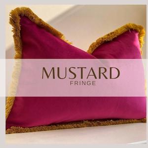 Cerise Pink Velvet Cushion Cover with Mustard Fringe Trim - Luxury Throw Pillow Cover Multiple Sizes and Fringe Colours Available