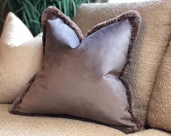 Mole brown velvet cushion cover. Luxury Pillows with fringe trim. Neutral home decor