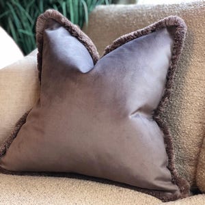 Luxury Mole Brown Velvet Cushion Cover with Custom Fringe - Brown Throw Pillow