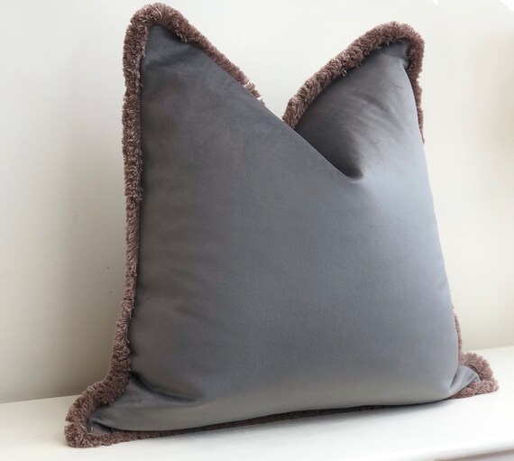 Slate Grey Velvet Pillow With Taupe Beige Fringe Trim Luxury Modern Decor Scatter Cushion Multiple Size Fringe or Piping Trim Colours Etsy UK