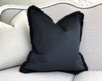 Plain Black Velvet cushion cover with fringe | modern throw pillow cover | luxury scatter cushion cover |