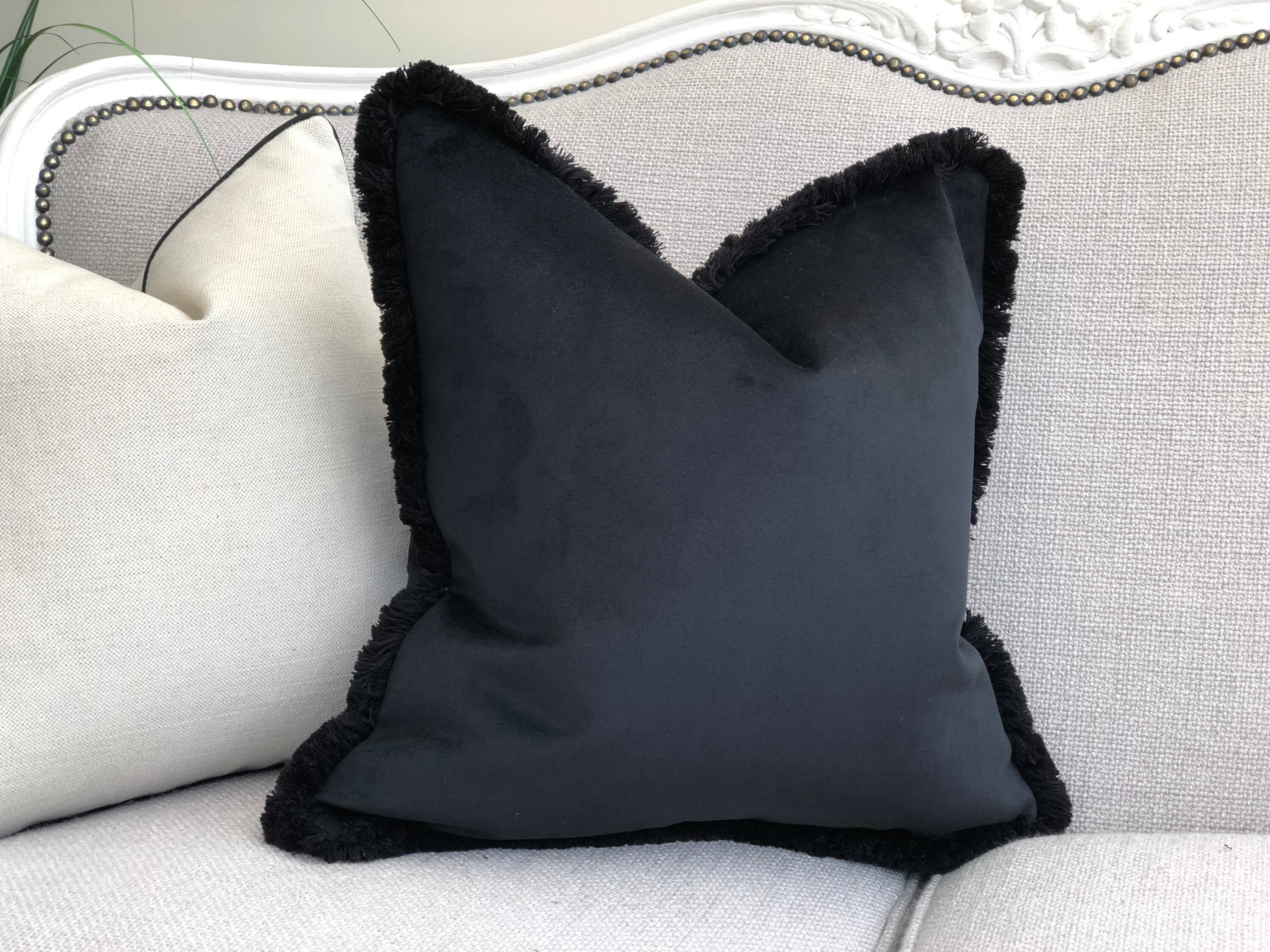 Plain Black Velvet Cushion Cover With Fringe Modern Throw Pillow