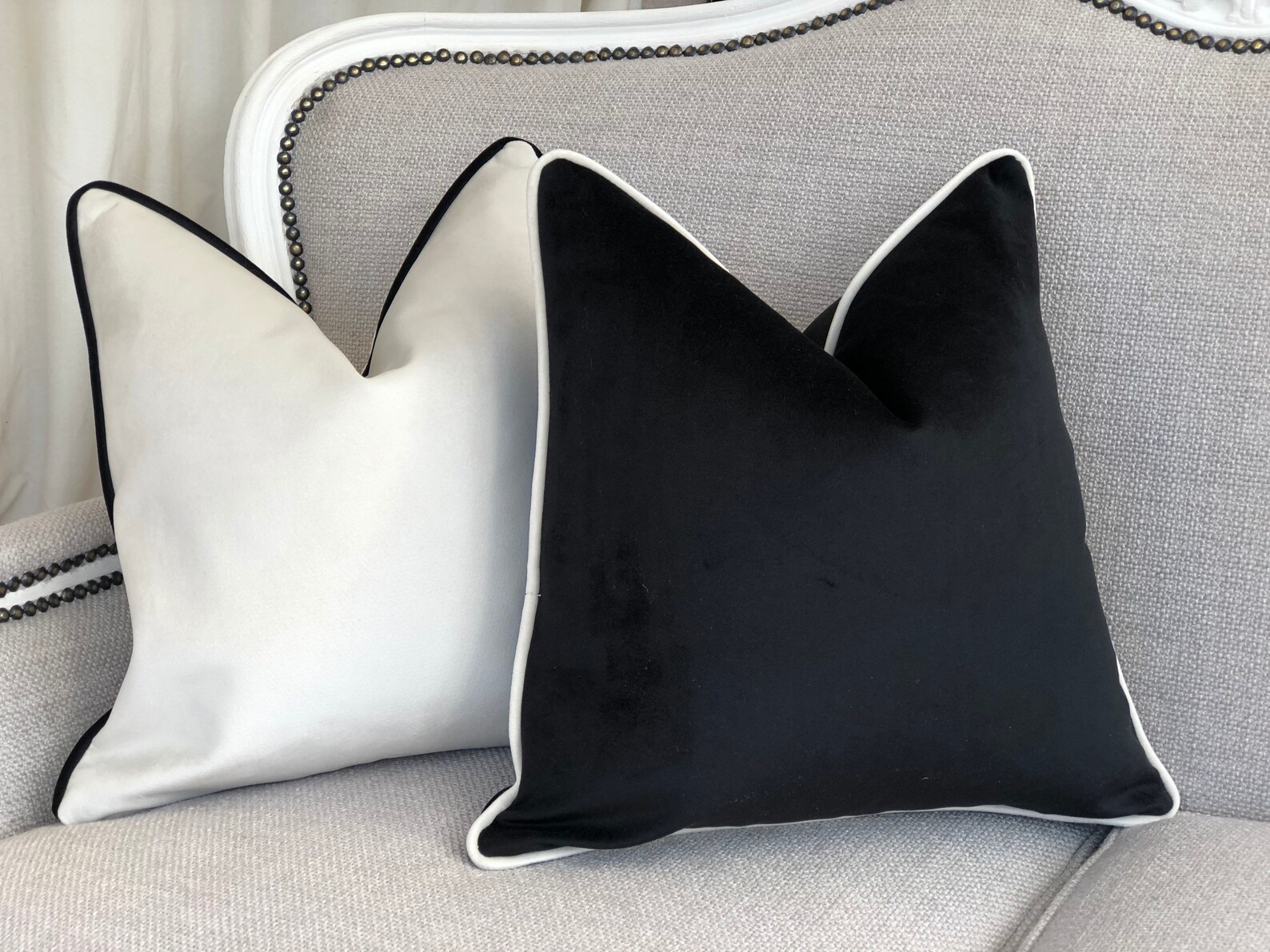 Black Velvet Cushion Cover With Ivory White Contrast Piping Etsy
