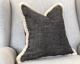 MOODY | Textured Grey Black mixed colour weave cushion - Luxury Fringed Pillow - Piped cushion - Home Decor