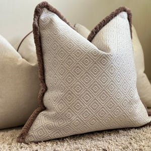 Cream Beige Geometric Fringed Cushion Cover: Custom Size + Trim Colour | PARIS