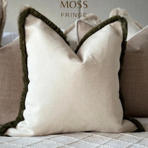 Dark Cream Fringed Cushion Cover:  Custom Size + Trim Colour
