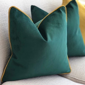 Forest/bottle/emerald/dark green velvet cushion cover - luxury pillow cover mustard gold piping. ( more trim colours & sizes )