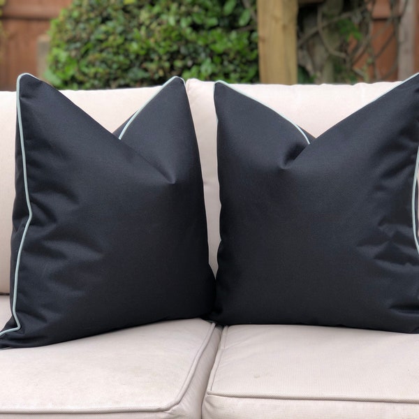 Outdoor water resistant cushion cover, black with dove grey piping garden pillow cover