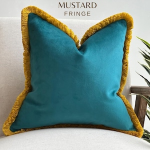Teal Velvet Fringed Cushion Cover: Custom Size + Trim Colour
