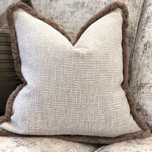 Luxury Textured Beige Cushion Cover with Custom Fringe - Cream Beige Pillow Cover - modern farmhouse Neutral decor