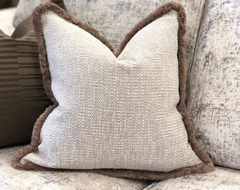 Luxury Textured Beige Cushion Cover with Custom Fringe - Cream Beige Pillow Cover - modern farmhouse Neutral decor