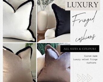 Luxury Custom Made Velvet Fringed Cushion Covers -  Modern Velvet Throw Pillows with Fringing - All Sizes & Colours