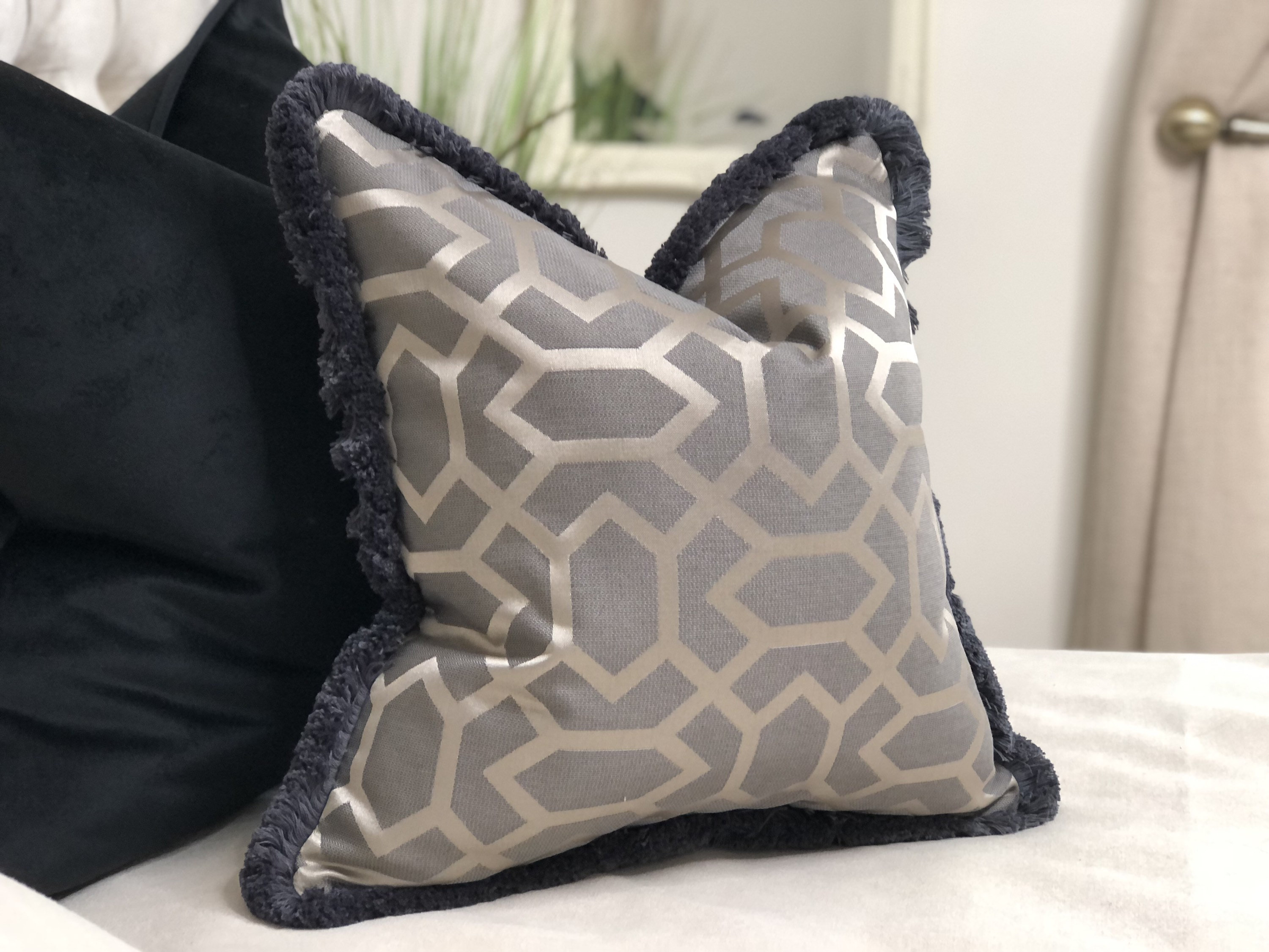 Grey Geometric Cushion Cover With Fringe Trim Modern Home Etsy UK