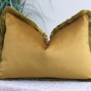 Mustard Gold Pillow cover with Fringe edge - gold cushion cover with trim - luxury velvet throw pillow covers - custom fringe options