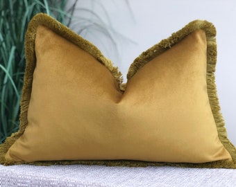 Mustard Gold Pillow cover with Fringe edge - gold cushion cover with trim - luxury velvet throw pillow covers - custom fringe options