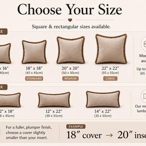 The image is a visual guide that provides size options for various throw pillows, including square and rectangular sizes, as well as lumbar sizes. It also includes a cover size comparison for a 18-inch cover to a 20-inch insert.
