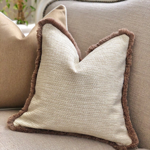 Neutral cushion cover, neutral textured pillow cover with a thick taupe fringe  40cm x 40cm - country/farmhouse/rustic/boho