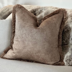 Beige Caramel Textured Look Fringed Cushion Cover -  Bespoke Throw Pillow | FAWN HAZE