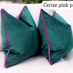 Green velvet pillow cover with blush pink piping modern home decor accent cushion covers for bed,sofa,chairs more size & trim colours image 6