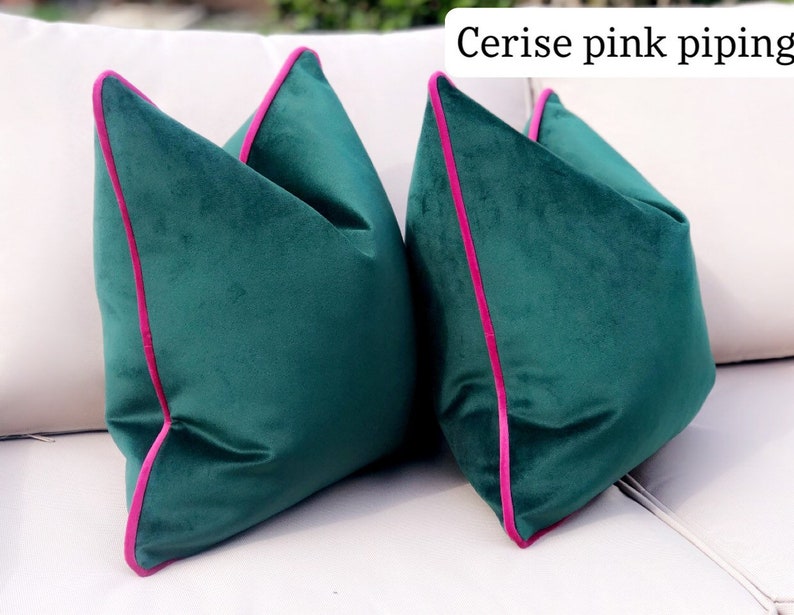 Green velvet pillow cover with blush pink piping modern home decor accent cushion covers for bed,sofa,chairs more size & trim colours image 6