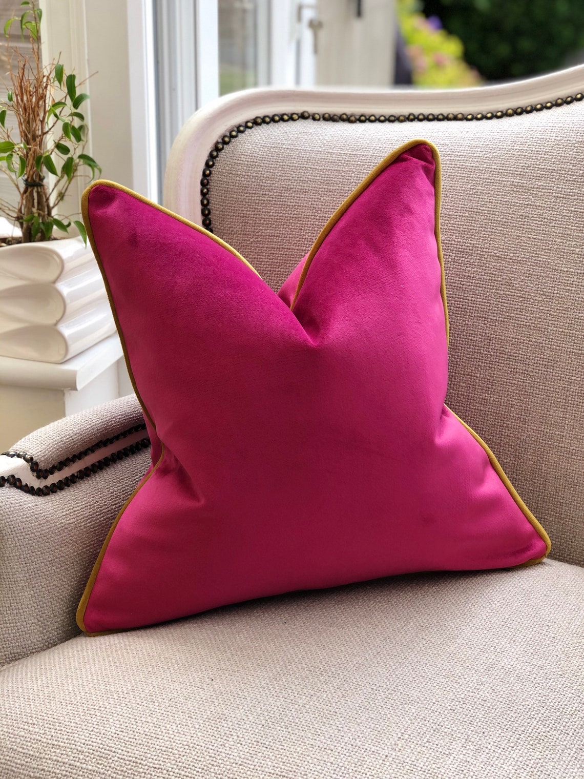 Cerise Pink Velvet Cushion Cover With Mustard Piping. Fuchsia Etsy