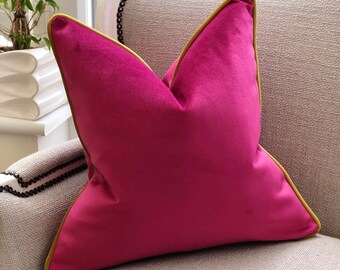 CERISE Pink Velvet Cushion Cover With Mustard Piping. Fuchsia Pink Pillow Cover Vibrant bright House Warming Gift pink Decor Lumbar Etsy