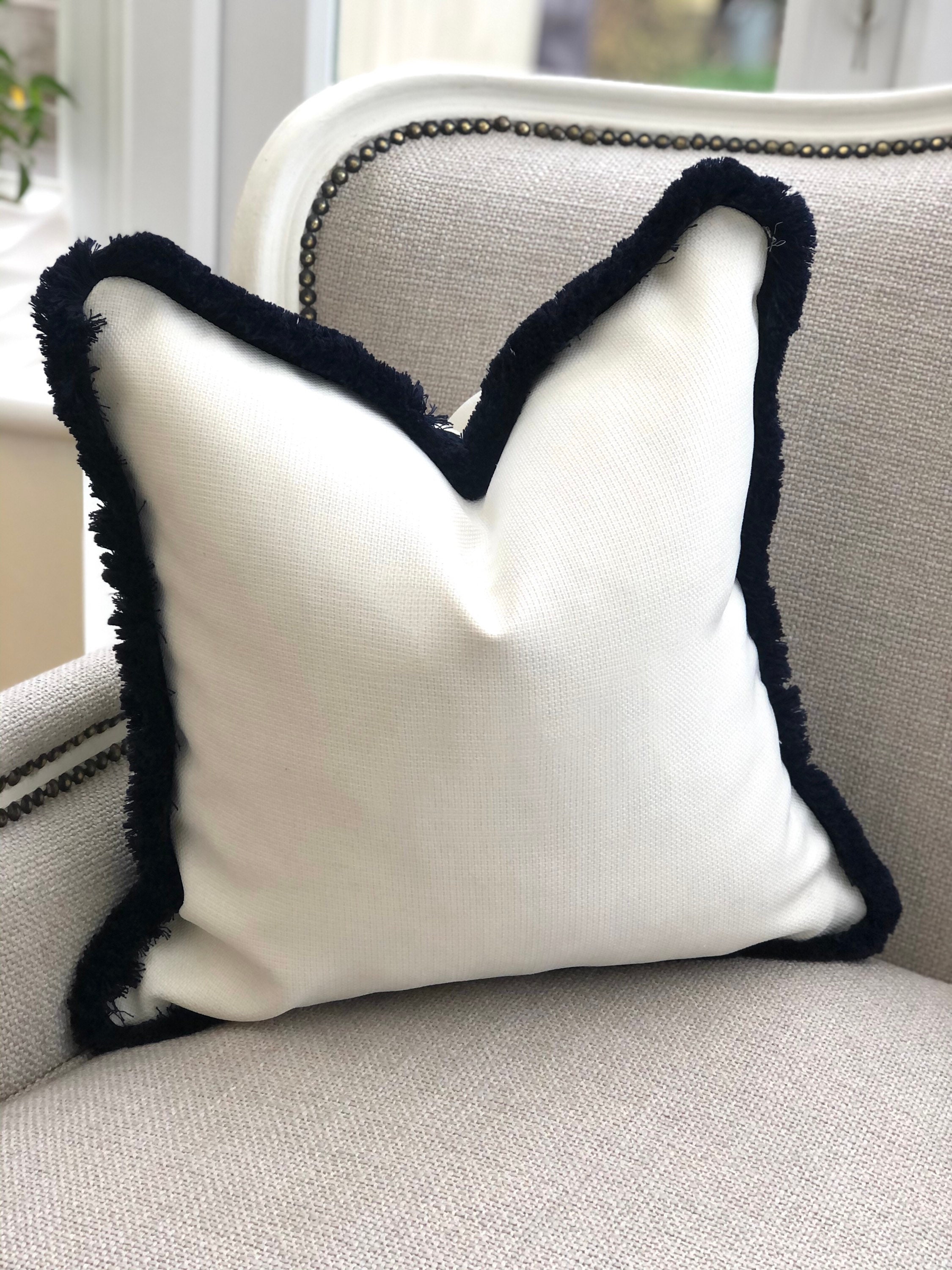Navy fringed cream/ivory neutral linen look cushion cover Etsy