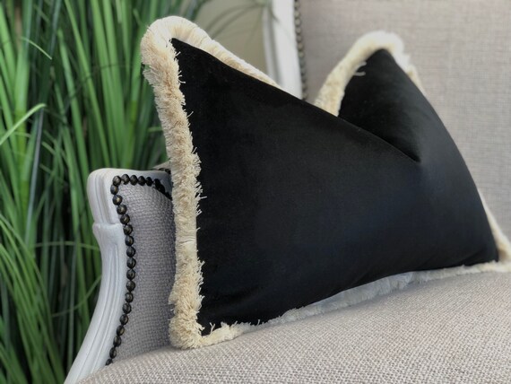 Black Velvet Pillow With Cream Fringe Luxurious Modern Home Decor Rectangle or Square Multiple Size Fringe or Piping Trim Colours Etsy Canada