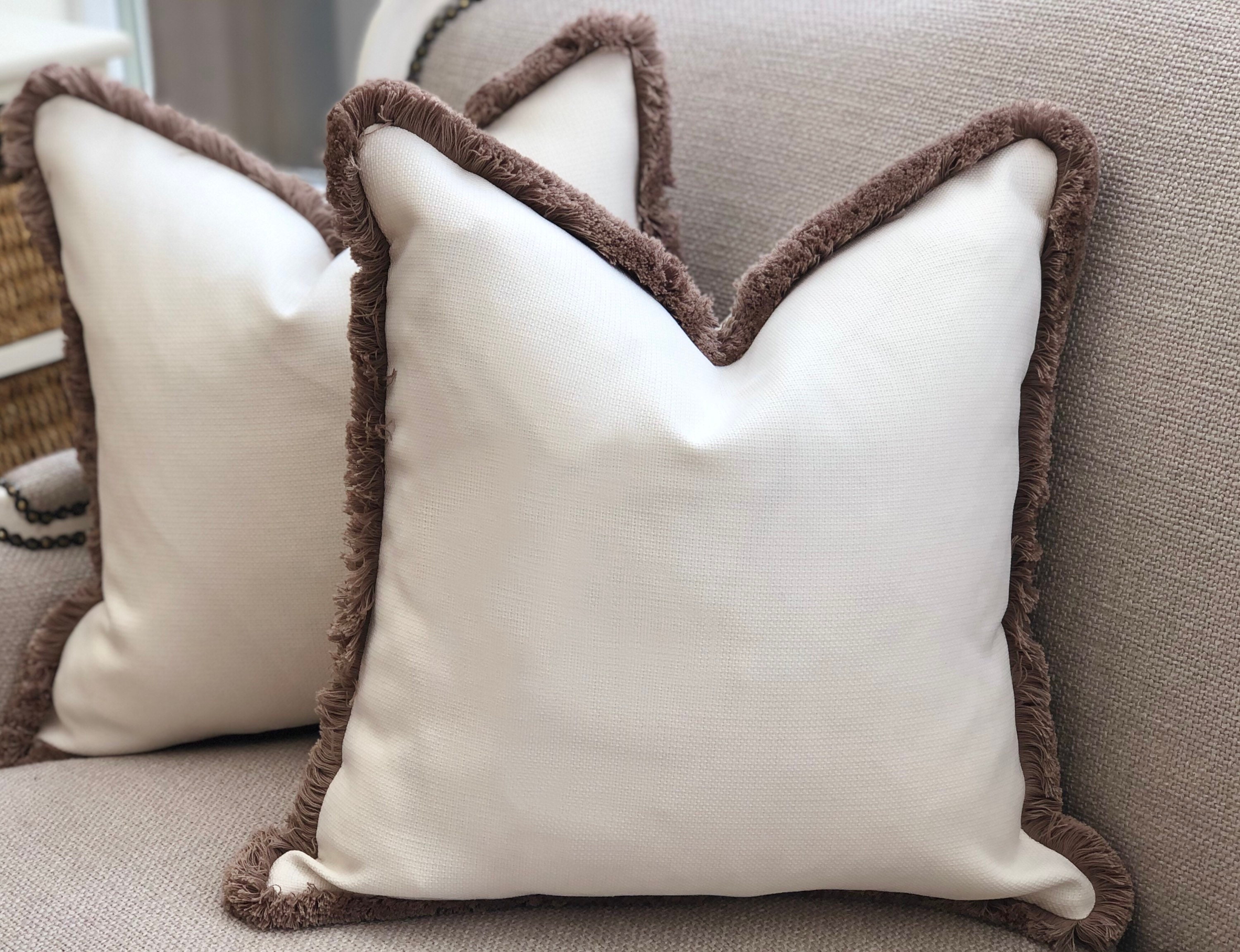 Cream/neutral Linen look cushion cover with taupe fringe. Etsy