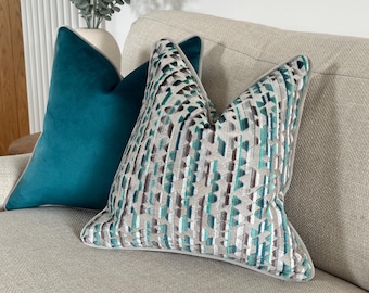 Teal Geometric Cushion Cover with Custom Piping - Luxury Bold Throw Pillow Cover | VELLUTO