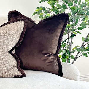 Luxury dark brown velvet cushion cover -  throw pillows with fringe or piped edge, long lumbar,  Square, rectangle pillows for sofa, bed