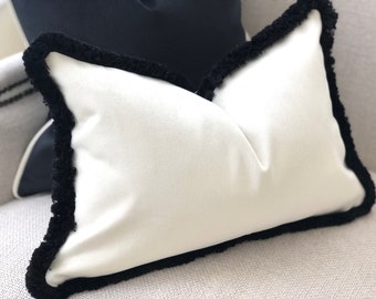 Ivory/off white velvet with thick black Fringe cushion cover/pillow cover modern/monochrome/luxury/contemporary OTHER COLOURS AVAILABLE