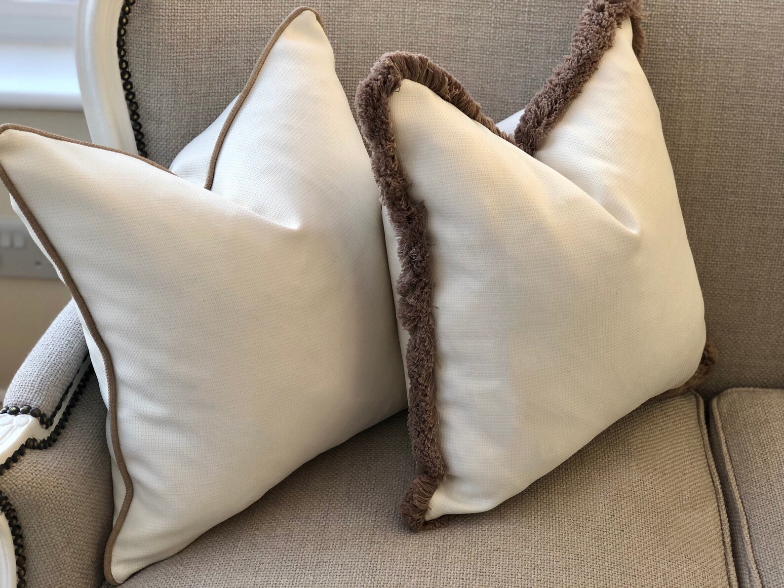 Cream/neutral Linen look cushion cover with taupe fringe. Etsy