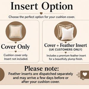 The image is a visual guide with instructions on how to choose and apply a cushion cover. It includes two options for cushion covers, one with a feather insert and the other without. The instructions provide a note about feather inserts and suggest that they are dispatched separately and may arrive a few days before or after the cushion cover is applied.