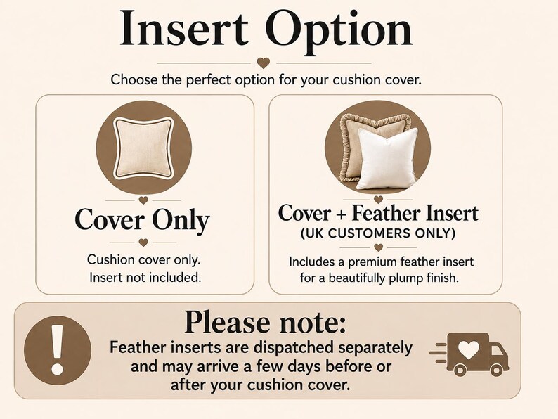 The image is a visual guide with instructions on how to choose and apply a cushion cover. It includes two options for cushion covers, one with a feather insert and the other without. The instructions provide a note about feather inserts and suggest that they are dispatched separately and may arrive a few days before or after the cushion cover is applied.