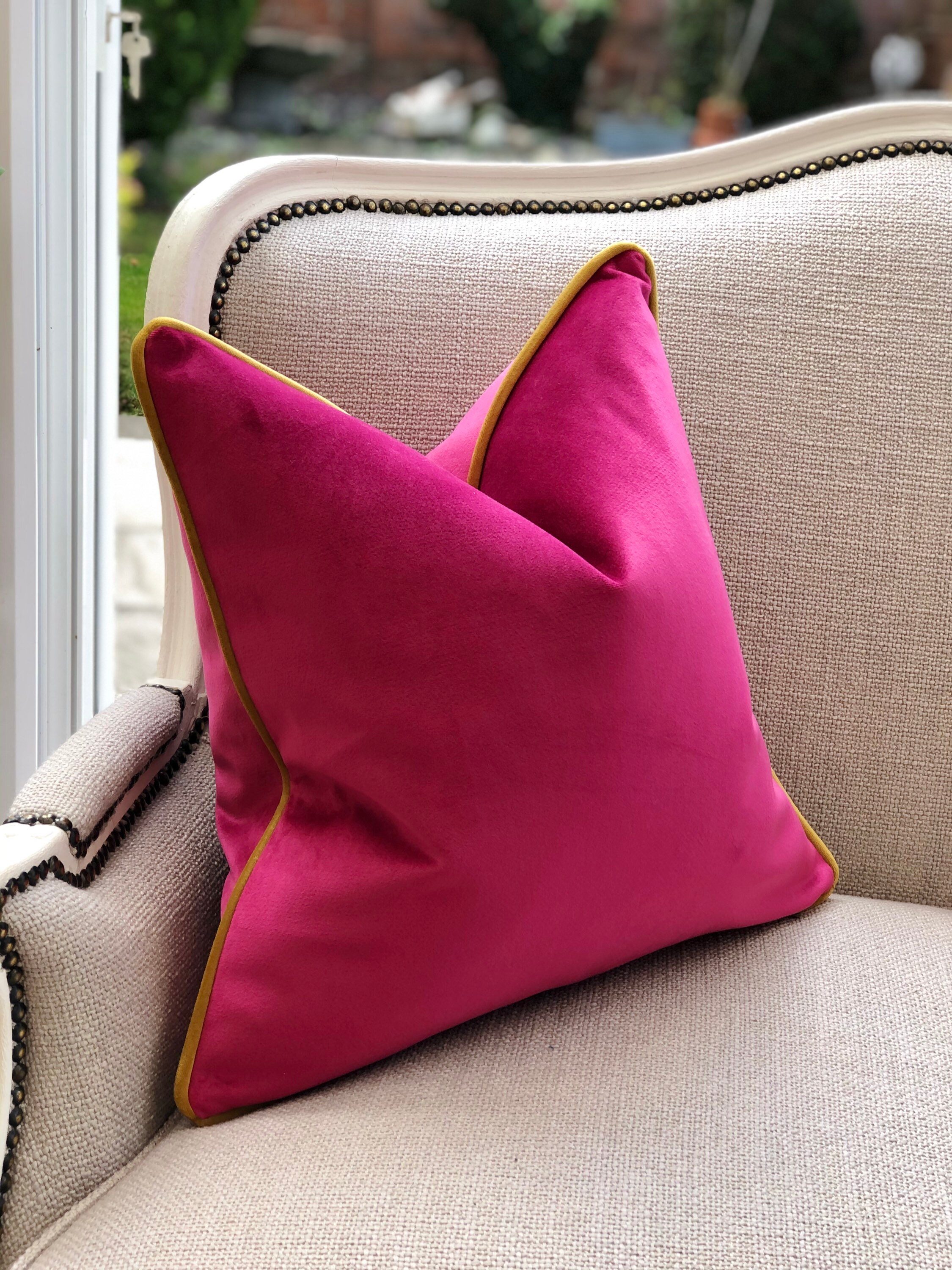 Cerise Pink Velvet Cushion Cover With Mustard Piping. Fuchsia Etsy
