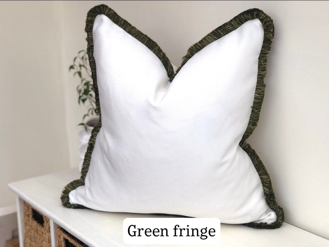 Cream/neutral Linen look cushion cover with taupe fringe. Etsy